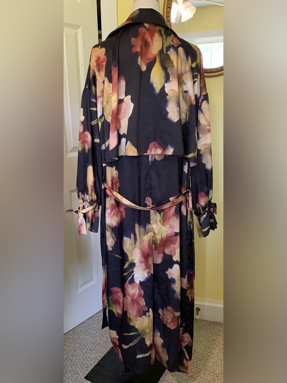Zara Accessories WrapTrench Coat Duster Tie Sleeve Deep Blue Black AbstractPrint - Picture 5 of 16